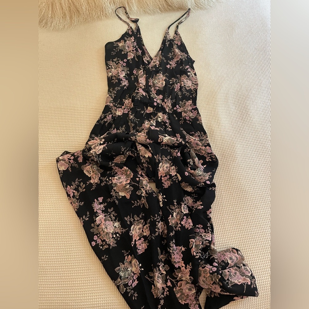 Flynn Skye Black Floral Slip Jumpsuit with Pink & Cream Flowers
